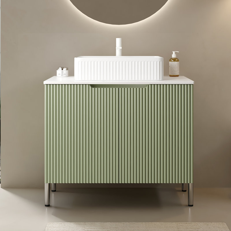 30" W Single Sink Freestanding Bath Vanity With Carrara White Sintered Stone Top, Light Green, White