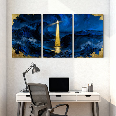 Lighthouse Beacon Waves Night Ocean Gold Swirls Art Set of 3 Canvas Wall Art Prints