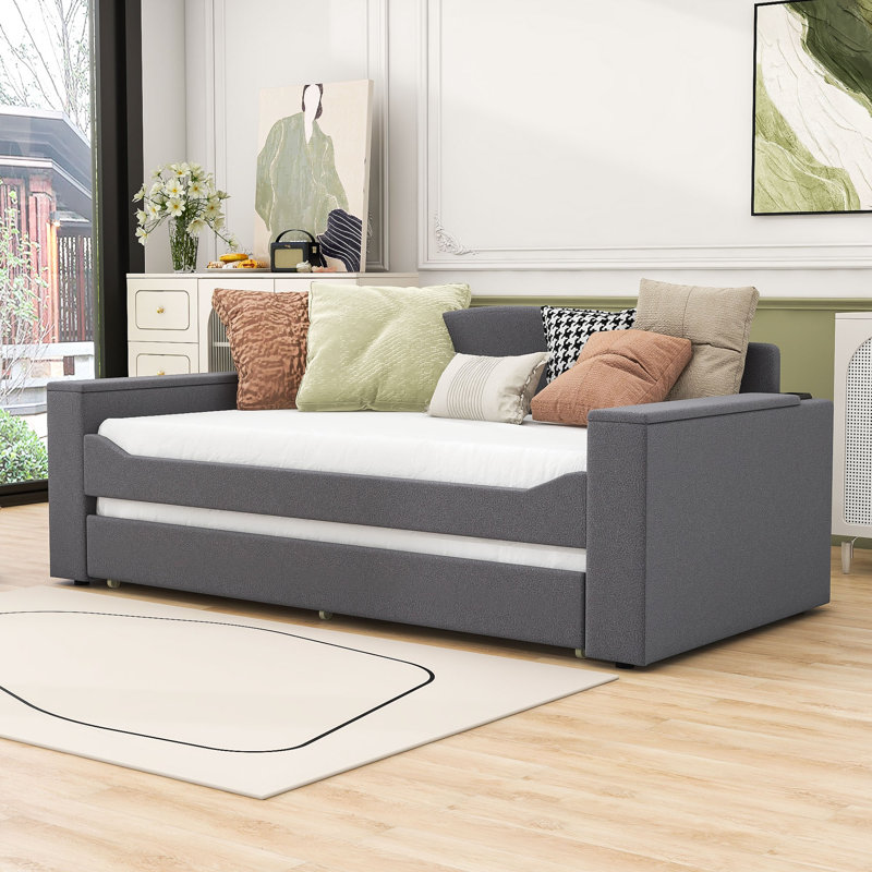 Vaelin Upholstered Daybed with Trundle, Gray, Twin