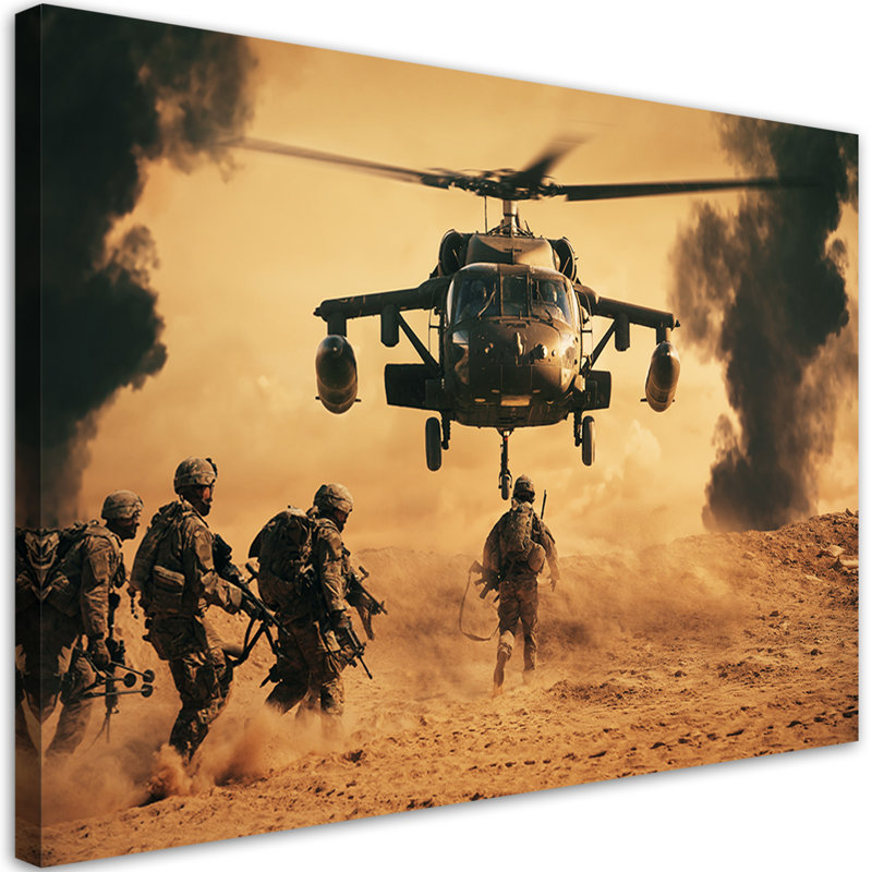 A Helicopter And A Soldier - No Frame Print on Canvas