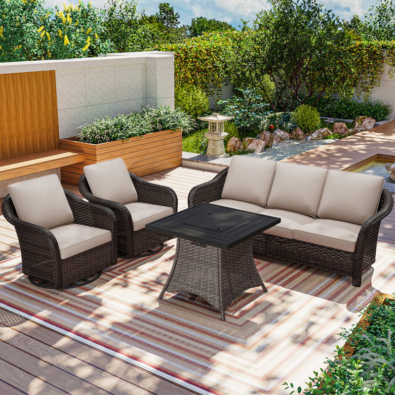 Outdoor Wicker Patio Conversation Furniture Set with Optional Fire Pit Table, Beige