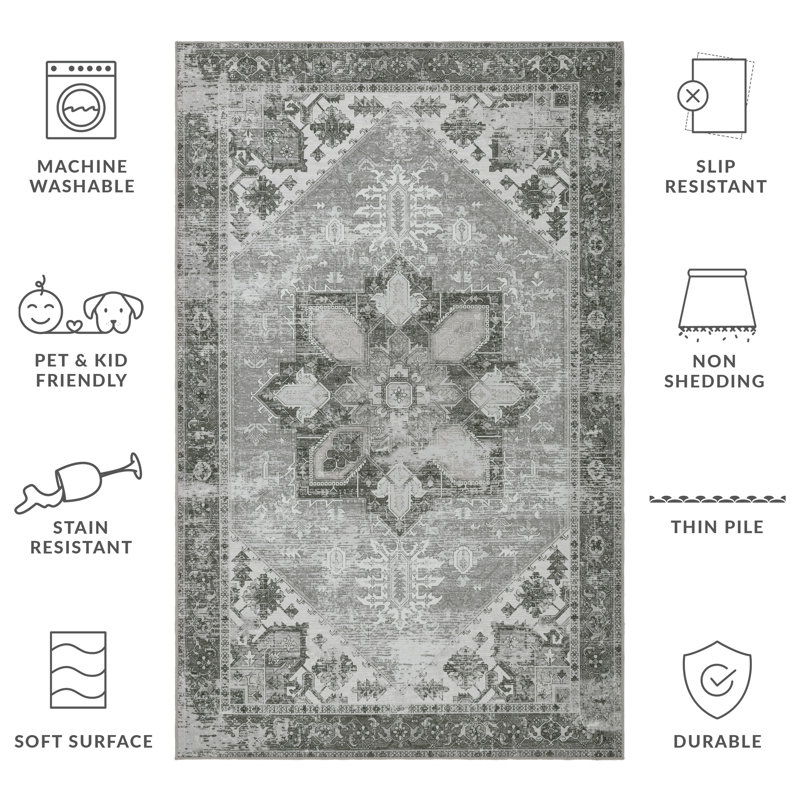 DeBary Oriental Dark Sage/Ivory Area Rug, Rectangle 2'6" x 4'