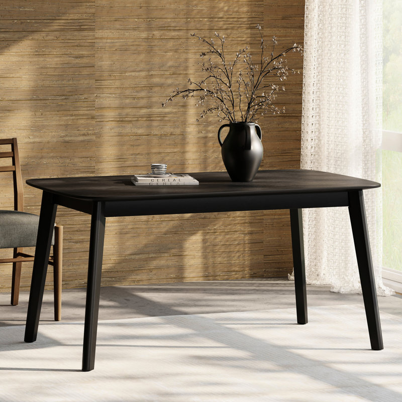 Table de salle à manger d'inspiration Mid-Century, 58,64 po x 35,38 po, 29,68 po, noir, plateau de table en faux bois et pieds robustes en bois d'hévéa, massif +, surface de table moderne à assembler, H 29,68 po x P