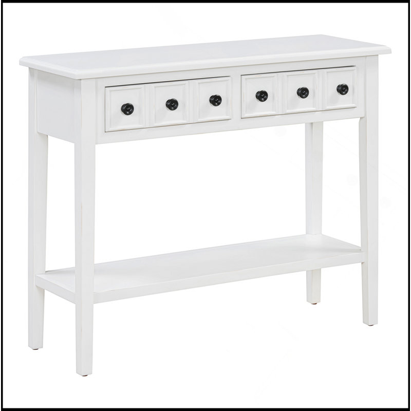 Table d'entrée avec 2 tiroirs, console rustique avec tablette ouverte et pieds en bois d'hévéa pour les entrées, les salons et les couloirs (blanc)