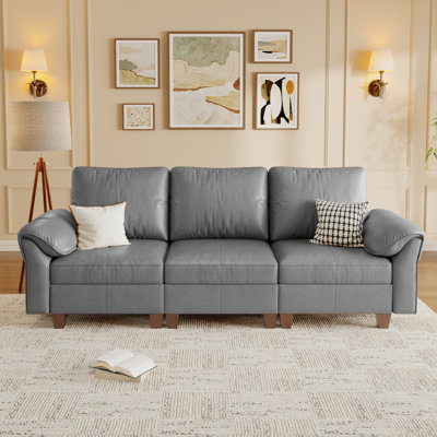 96" Wide 3-Seat Faux Leather Modular Sectional Sofa with Storage, Gray