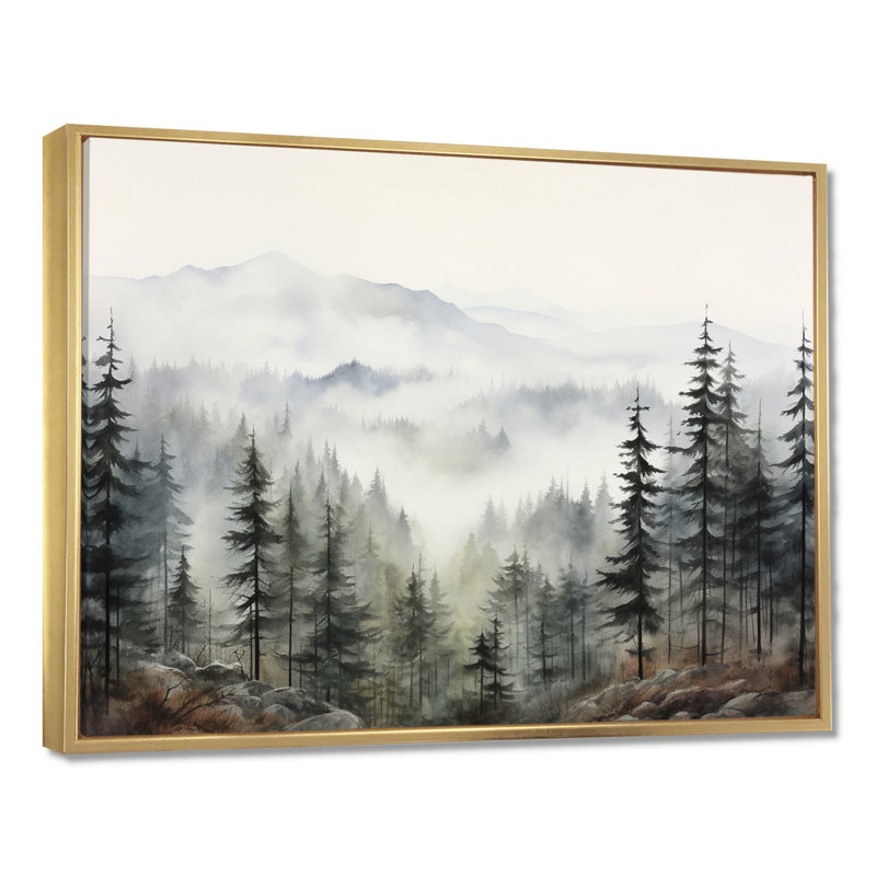 «Pine Misty Mountain II» sur toile, H 34 po x l 44 po, Reproduction avec cadre flottant, Or