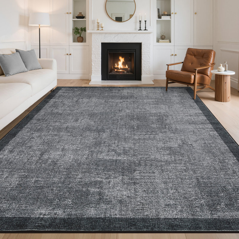 Bordered Machine Washable Rug with Rubber Backing Non Slip Soft Non Shedding Low Pile Thin Foldable Indoor Carpet, Dark Gray
