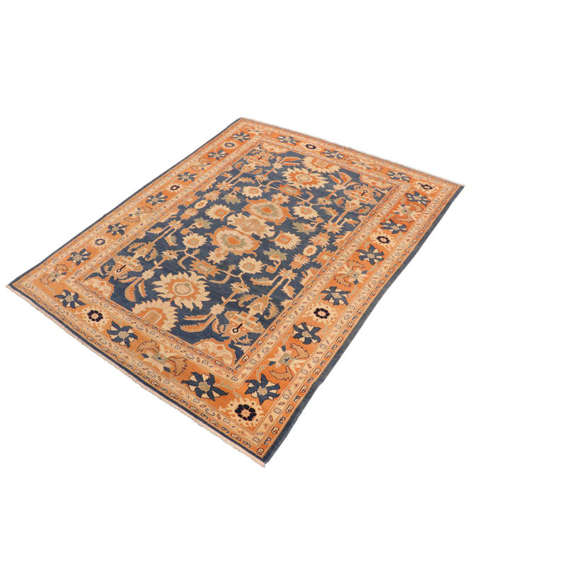Tapis oriental bleu en laine noué à la main 8 pi x 9 pi 10 po Abbigail