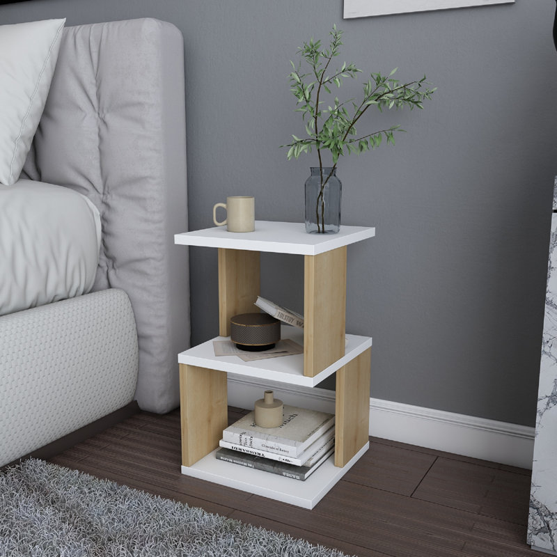 Table de chevet scandinave moderne, blanc et chêne, 11,6 po x 11,6 po x 19,4 po | 100% panneau de particules enduit de mélamine, épaisseur: 0,7 pouce | Conception élégante et fonctionnelle pour le rangement dans la chambre à coucher, assemblage facile