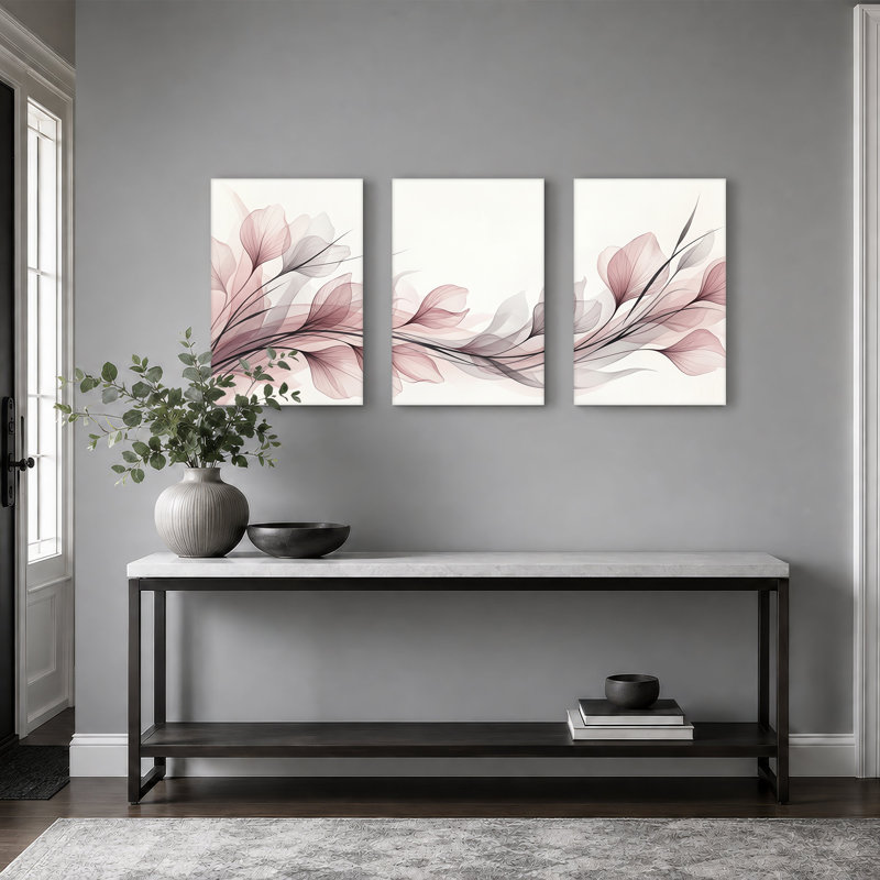 Ensemble de 3 tiges florales douces roses et grises abstraites, H 30 po x l 20 po x 3 pièces