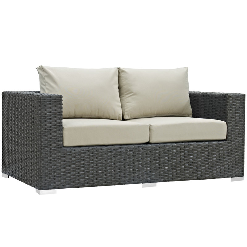 Modway Sojourn Wicker Rattan Outdoor Patio Sunbrella Loveseat in Canvas, Antique Beige Sunbrella® Canvas