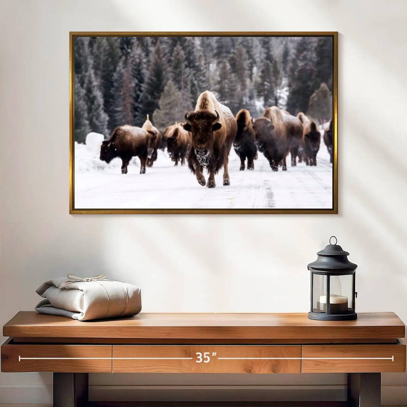 Winter Bisons, 25" X 17", Floating Frame Gold