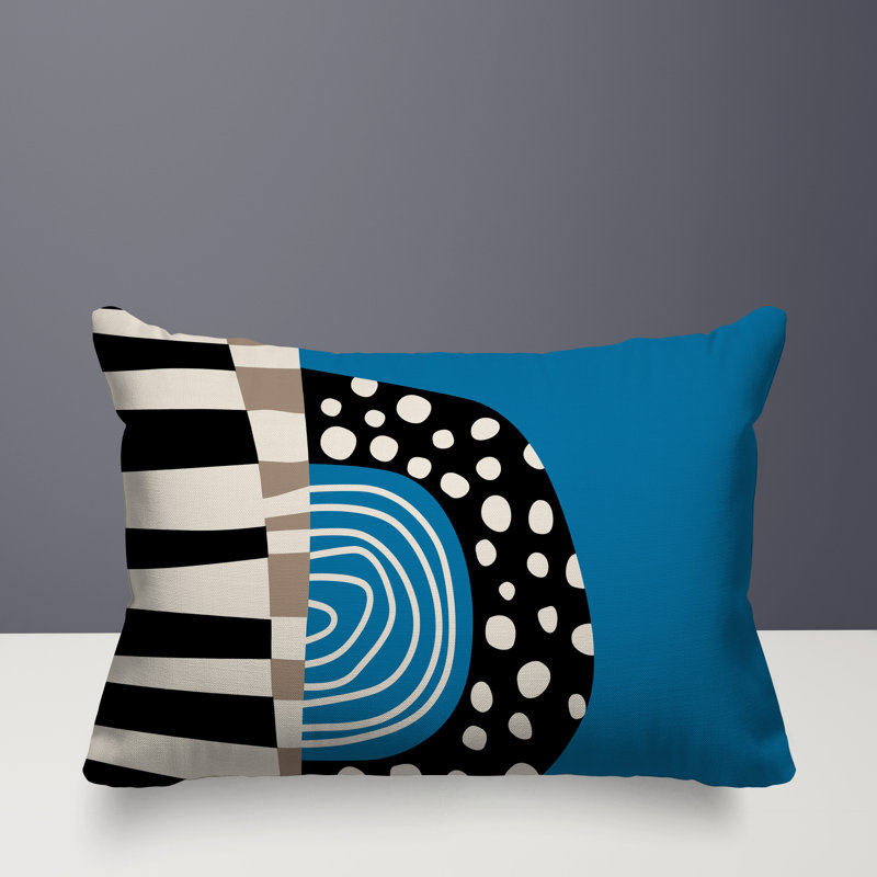 Oreiller rectangulaire réversible intérieur / extérieur Ritter Abstract, H 14 po x l 20 po, Turquoise / noir / blanc cassé