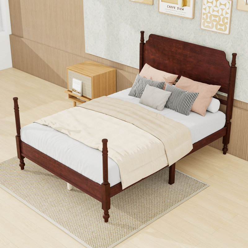 Lit plateforme à tête de fuseau d'inspiration rétro avec tête de lit, Full, Dark Walnut