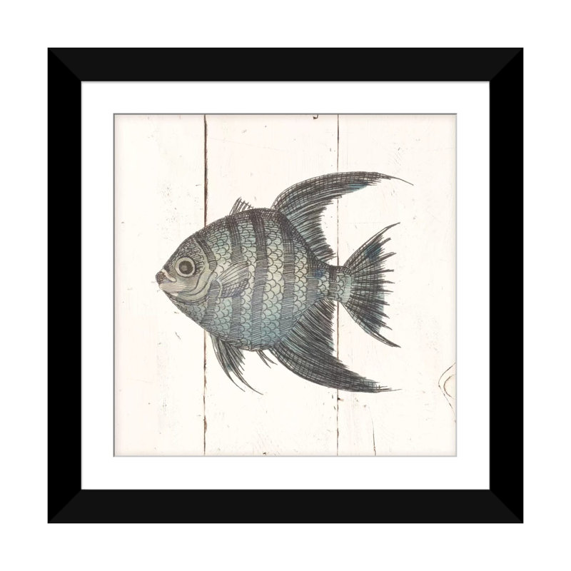 « fish sketches ii shiplap », impression sur toile, H 16 po x l 16 po x P 1 po, Papier d'art encadré noir, Blanc