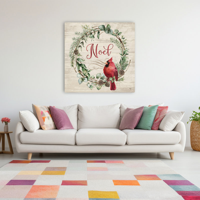 Noel, cardinal, couronne, art contemporain, verdure, H 48 po x l 48 po