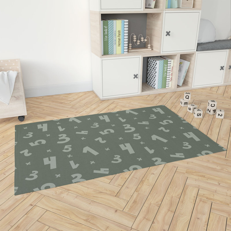 Number Match Kids Play Mat, Chimichurri/Green/Ivory, Rectangle 5' x 7'