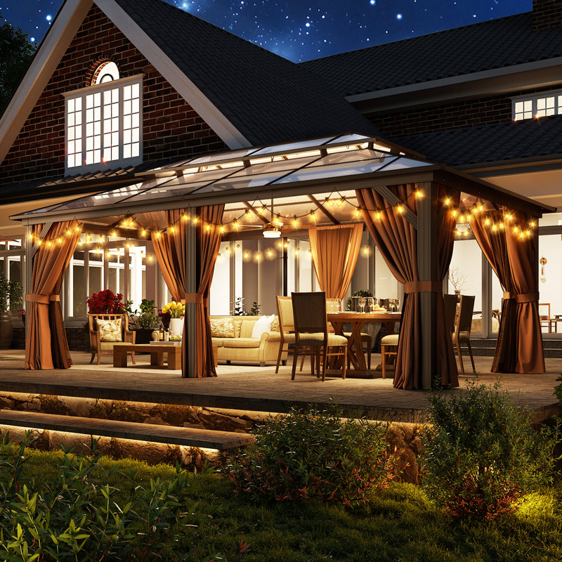 Double Roof Gazebo, 112.2" H x 235.43" W x 142.91" D, Brown