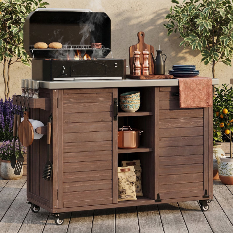 Îlot de cuisine 78,3 po avec plateau en acier inoxydable - Table de préparation pliante pour barbecue et rangement pour poubelle - Chariot de barbecue sur roulettes 100% bois massif - Noir