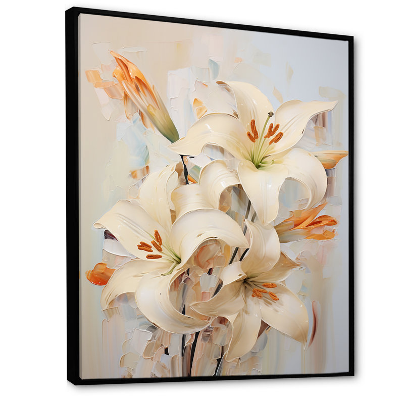 «Beige lys en fleurs» sur toile, Cadre flottant noir, H 40 po x l 30 po x P 1,5 po