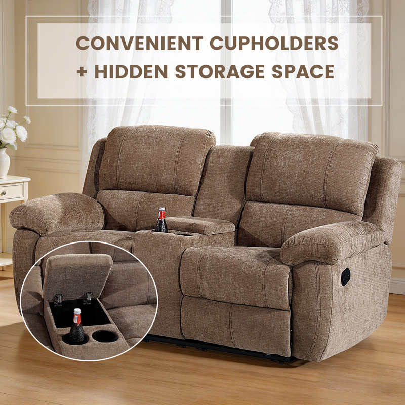 Ensemble de canapé inclinable manuel en tissu 2 pièces, canapé, causeuse et console, Kaki
