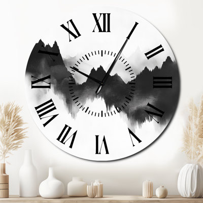Monochrome Abstract Peaks I - Modern Round Metal Wall Clock, Printed on Metal