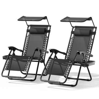 Set of 2 Zero Gravity Chairs, Folding Recliner Outdoor Lounge Chairs With Adjustable Sunshade and Cup Holder Tray