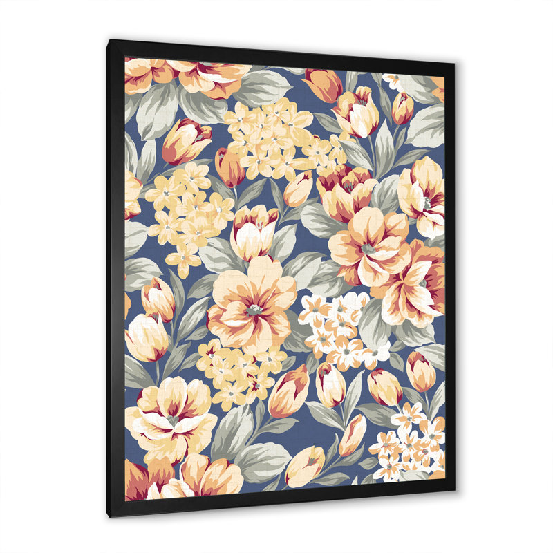 Fleurs jaunes et oranges rétro - peinture sur toile, Cadre photo noir, H 32 po x l 24 po x P 1 po