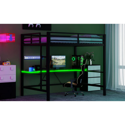Gaming Metal Loft Bed Frame Full Size With Led And Desk, Black - Robust Stable, Transform Under Into Different Spaces, Easy To Assemble, No Box Spring Build, Utilize Efficiently, Assembly, Required