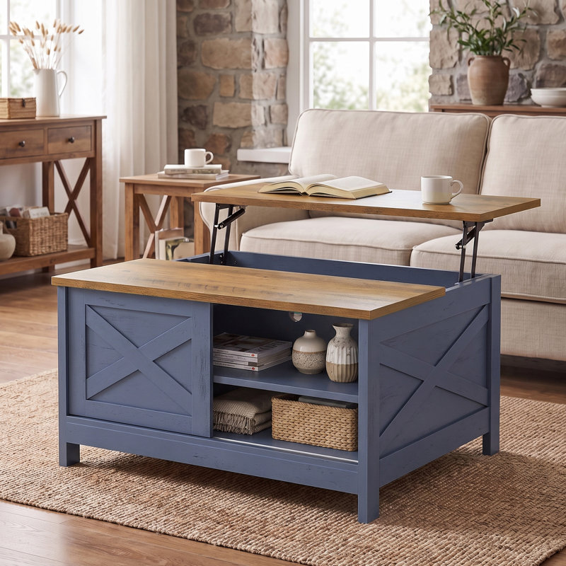 Table basse à plateau relevable Farmhouse, Navy Blue, Cabinet