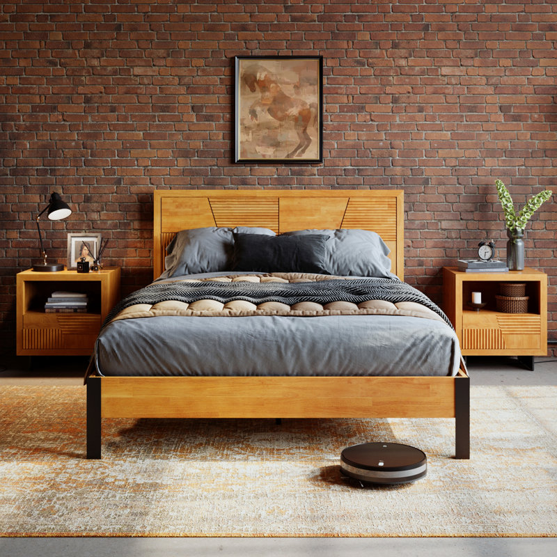 Trapeze Modern Industrial Platform Queen Size Bed Frame - Light Natural Finish with Slat Pattern Headboard & Iron Legs, Queen