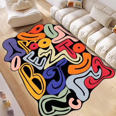 Thick Soft Velvet Colorful Letter Design Area Rug, Twisted Shape Abstract Pattern Mat In Blue Green Red Yellow, Plush Polyester Blend For Bedroom Living Room Study – Hand Wash Only