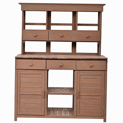  TOPMAX 65.7'' H Tall Garden Potting Bench Table with Hutch,Patio Storage Workstation with 3 Shelves,6 Drawers,2 Bottom Cabinets&Side Hooks for Mudroom,Doorway, Brown