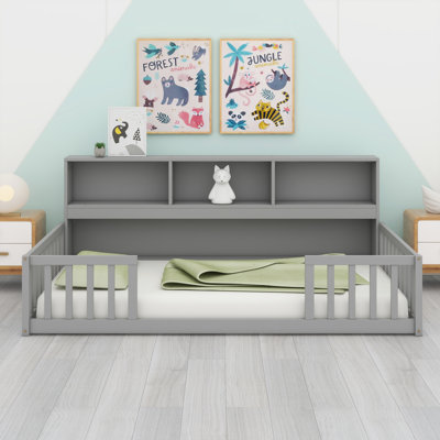 Floor Bed With Bedside Bookcase,Shelves,Guardrails