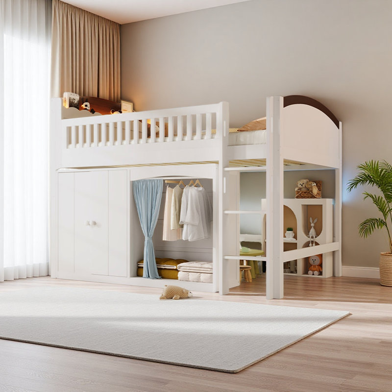 Lit mezzanine double avec armoire de rangement, garde-robe et DEL, White