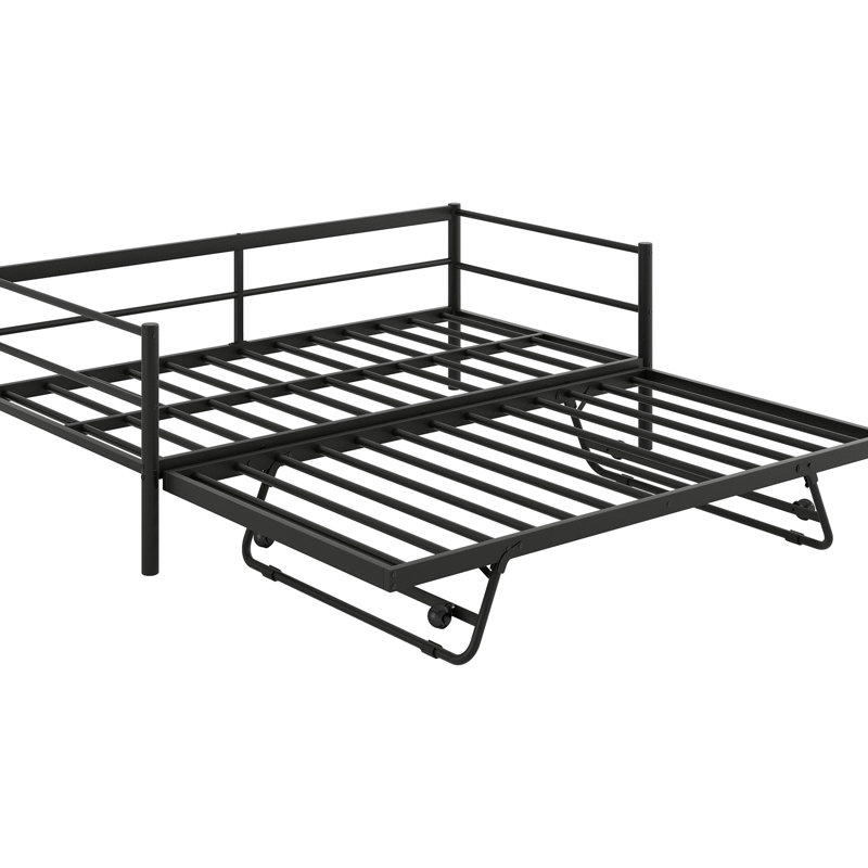 Lit de jour simple en métal noir avec couchette à DEL 7 couleurs et gigogne, style industriel, sans sommier tapissier, idéal pour les chambres d'amis à DEL télécommandées, fabrication solide réglable et durable