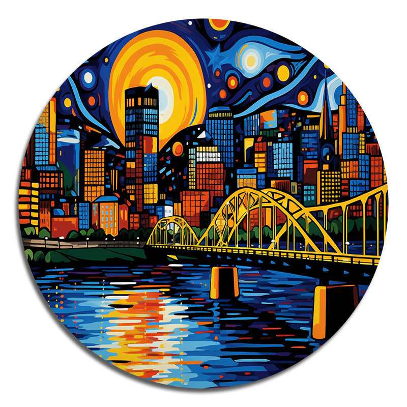Shurtz - paysage urbain rond, art en métal, H 29 po x l 29 po