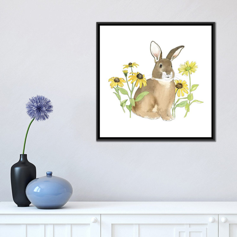 Art sur toile, Wildflower Bunnies, H 18 po x l 18 po x P 1,5 po, Toile avec cadre noir, Aucun mat