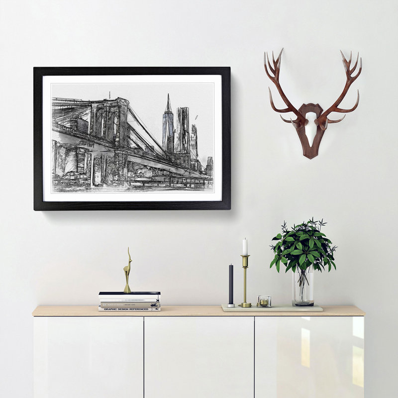 Brooklyn Bridge in New York in Abstract - Picture Frame Graphic Art Print, Black Framed, 36cm H x 48cm W x 2cm D