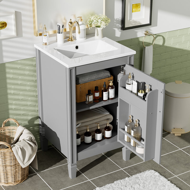Meuble-lavabo gris de 20 po avec lavabo en céramique, porte à fermeture en douceur, tablette ajustable en forme de U, support de rangement pour porte, armoire autoportante moderne pour les petites salles de bain