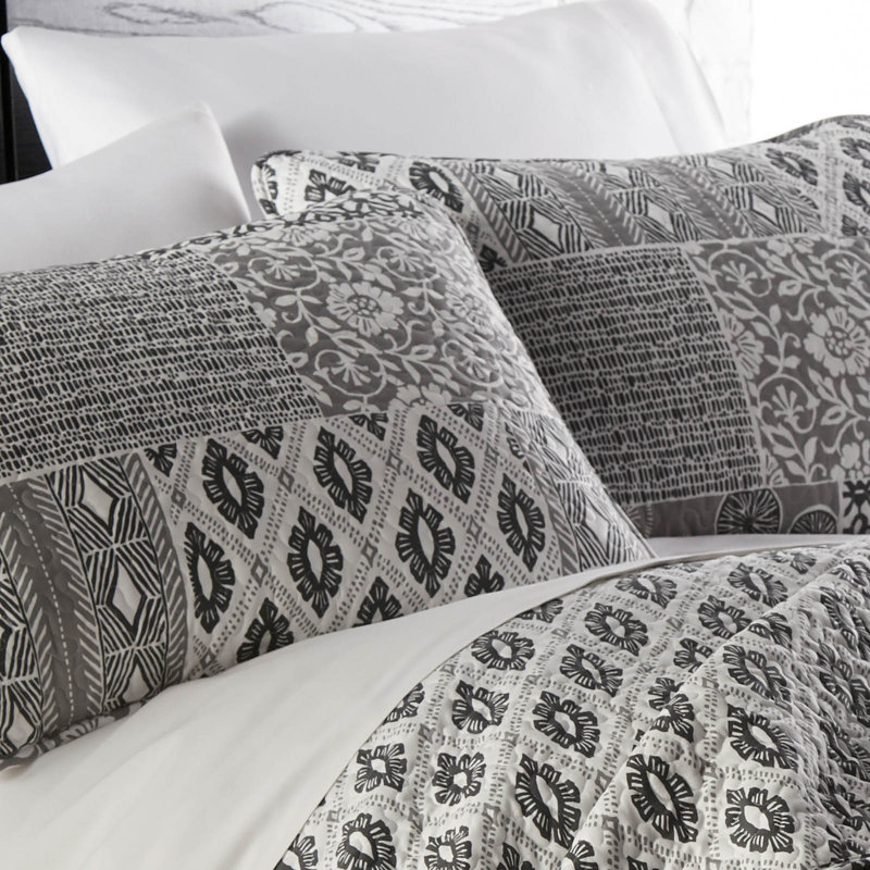 Ensemble de courtepointe en microfibre Global Patchwork Collection, Courtepointe pour lit simple + 1 taie décorative, Gris