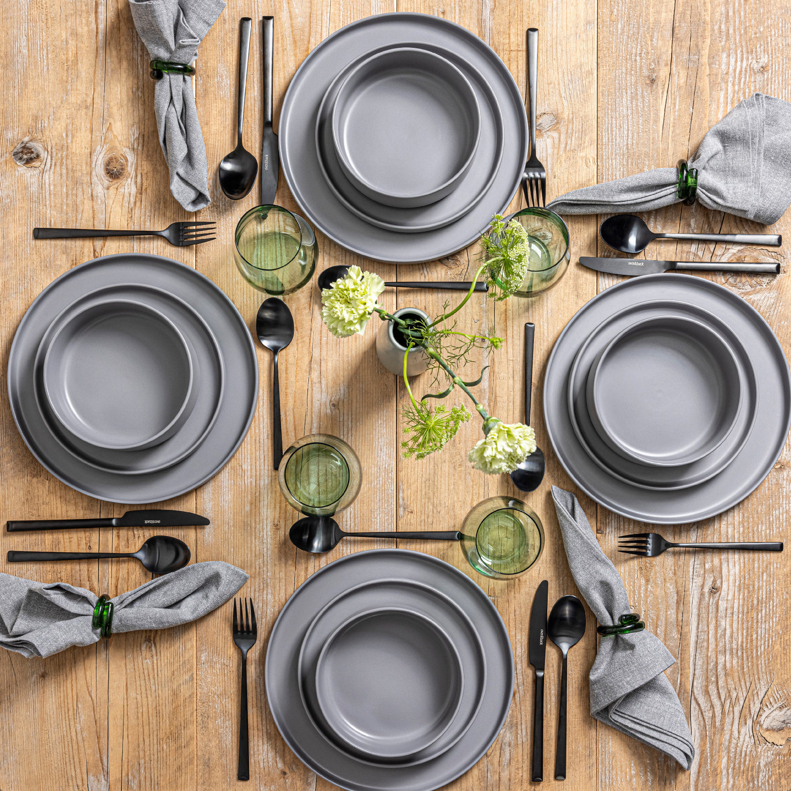 Stackable Stoneware Dinnerware Set, Charcoal