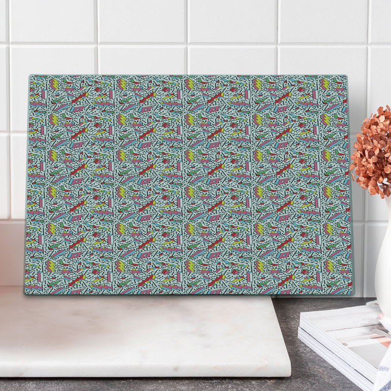 Ambesonne Funky Cutting Board Large Memphis 90s 3D Shapes Multicolor