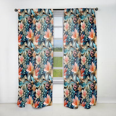 Blue and Pink Flowers Paisley Botanic Pattern II - Floral Curtain - Velvet Room Darkening - 1 Panel