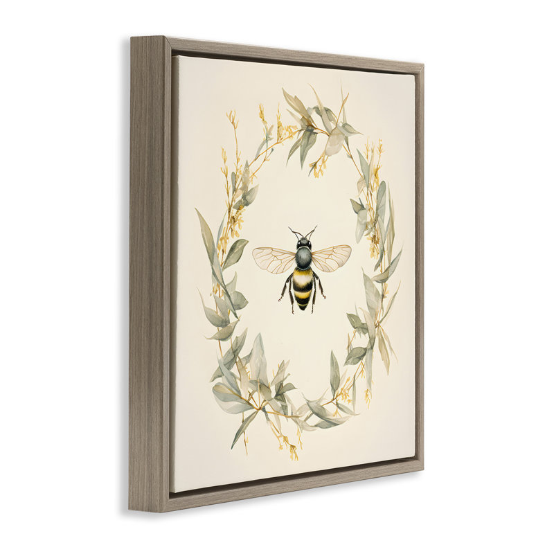 «Soft Bee Wreath», art mural encadré flottant par Petal Prints Design, Cadre flottant orme Montalcino, H 25 po x l 25 po