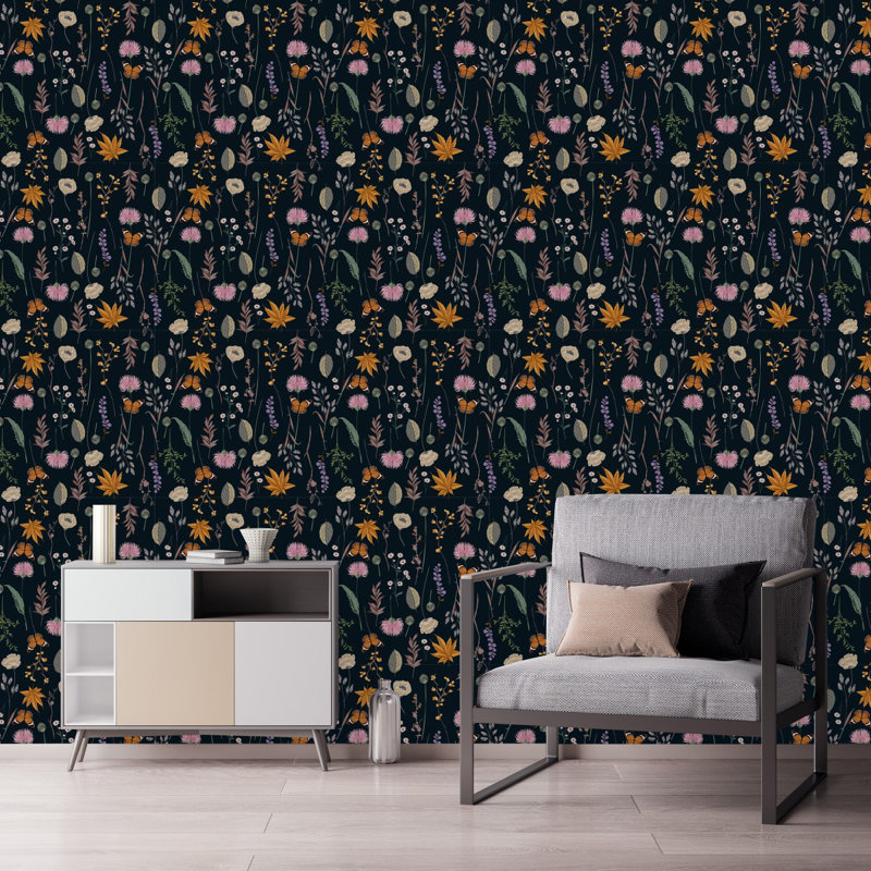 Panneau de papier peint foncé avec papillons sauvages L 18,75 pi x l 25 po, L 25 po x L 225 po