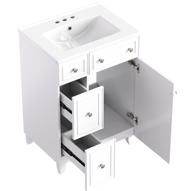 Meuble-lavabo de salle de bain 24 po. Évier en céramique. Rangement généreux. 2 tiroirs, 1 porte et bois. Blanc. Meuble-lavabo de 24 po facile à assembler. Espace de rangement. Finition blanche. À assembler