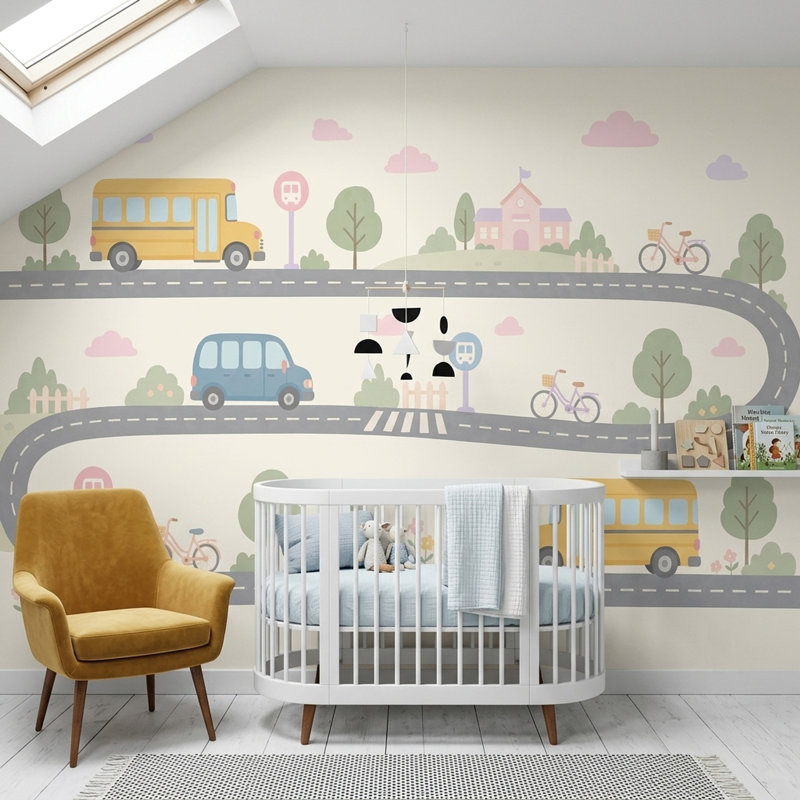 Papier peint de transport scolaire pour enfants, 160 po x 108 po, Non tissé