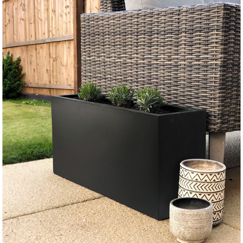 Frostproof, Concrete Effect Garden Planter Pot with Drainage Holes, 30cm H x 65cm W x 19cm D, Black