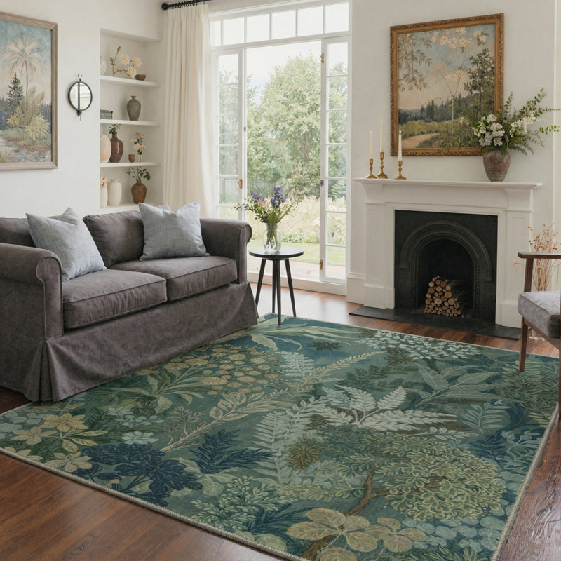 Tapis d'intérieur vert lavable à la machine Verdure, Rond 5 pi